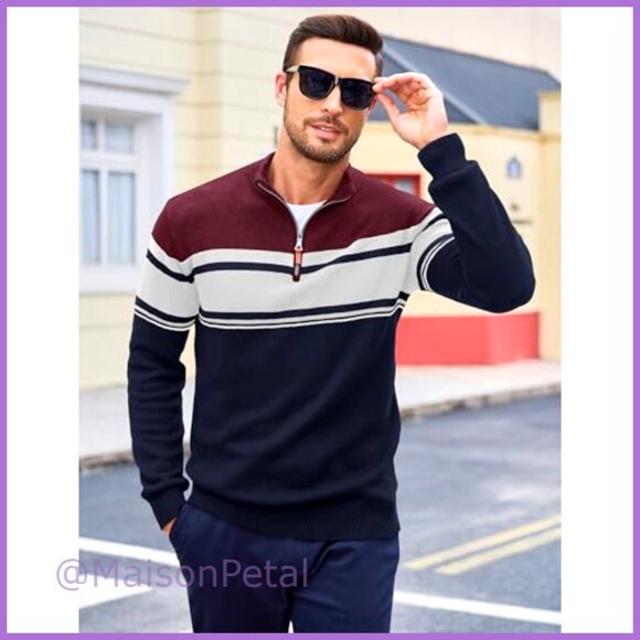 Men's 1/4 Zip Cotton Sweater Pullover Striped Long Sleeve - Picture 4 of 7